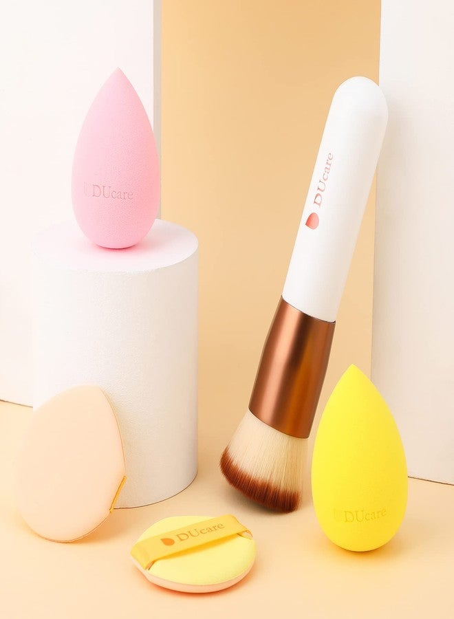 DUcare Foundation Brush with Christmas Sponges Puff Flat Top Kabuki Brush for Liquid Blending Mineral Powder Buffing Stippling - Image 2